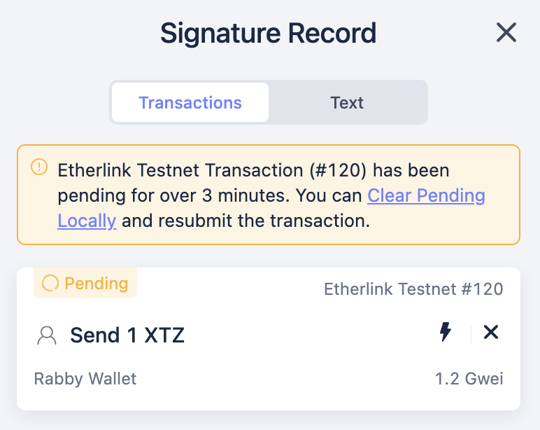 The list of pending transactions and warnings about the delay